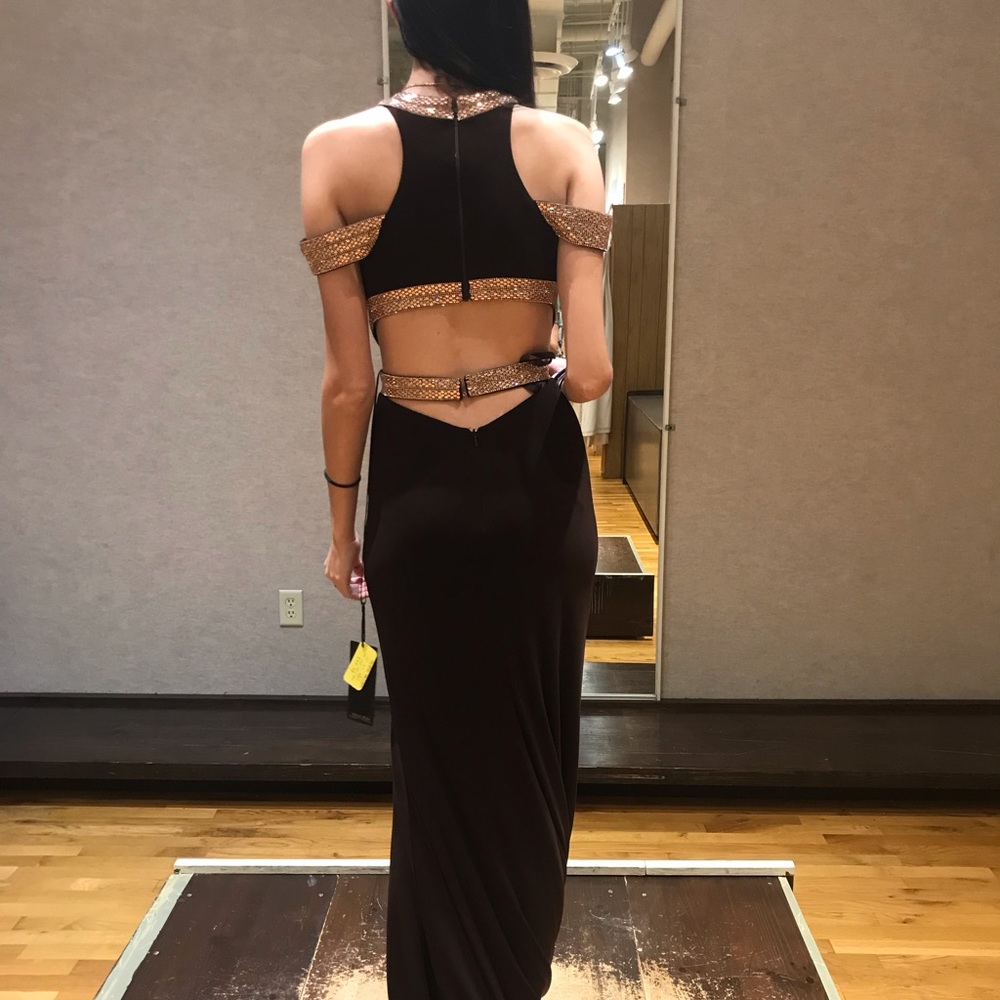 Brown and rose gold off the shoulder elegant dress - Picture 4 of 7